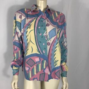 Vintage 80’s Unique Pastel Funky Print Bold Shoulder Button Down Long Sleeve Shi